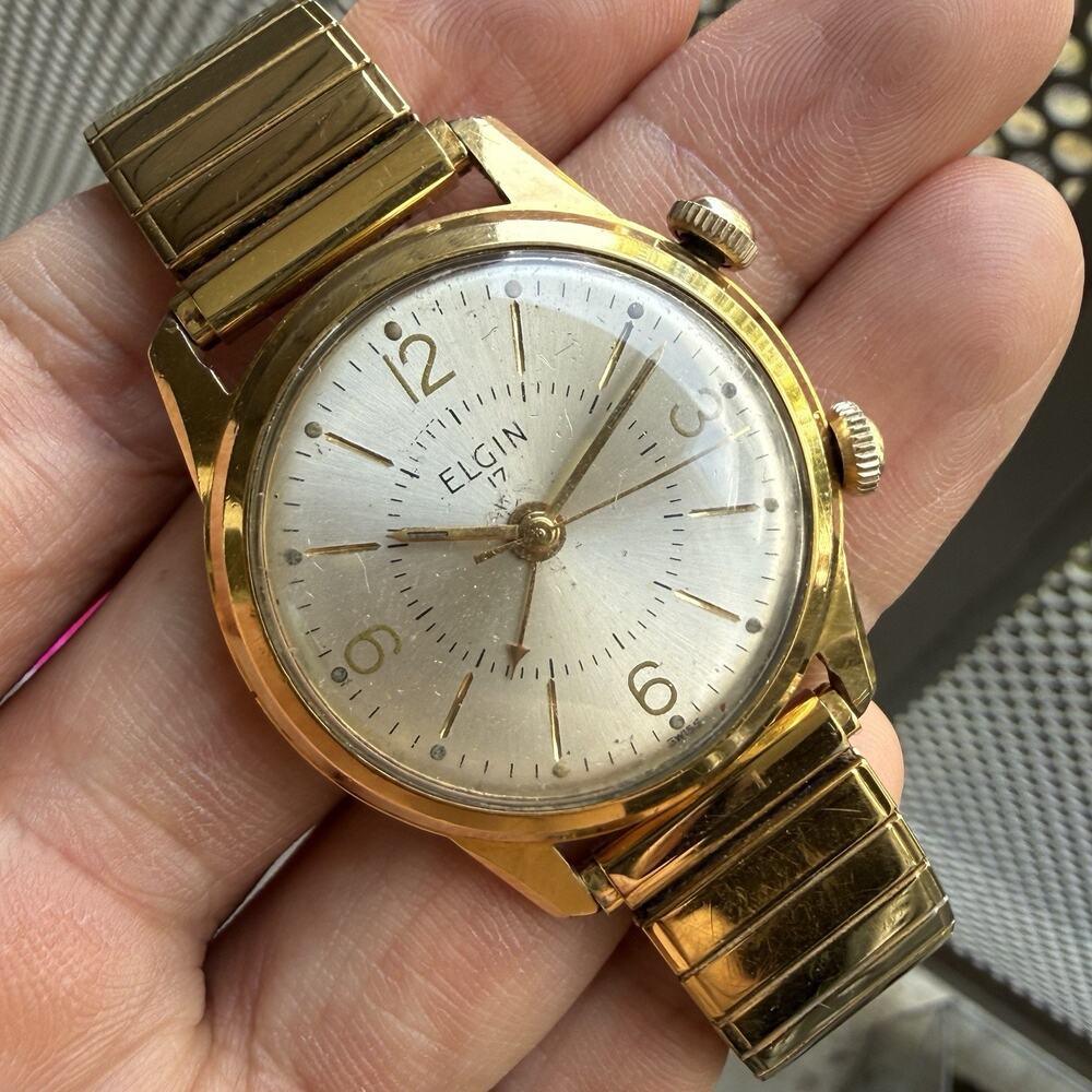 Vintage Elgin 17 Jewels Gold Plated Alarm Wrist Watch Men’s Size 34mm Champagne